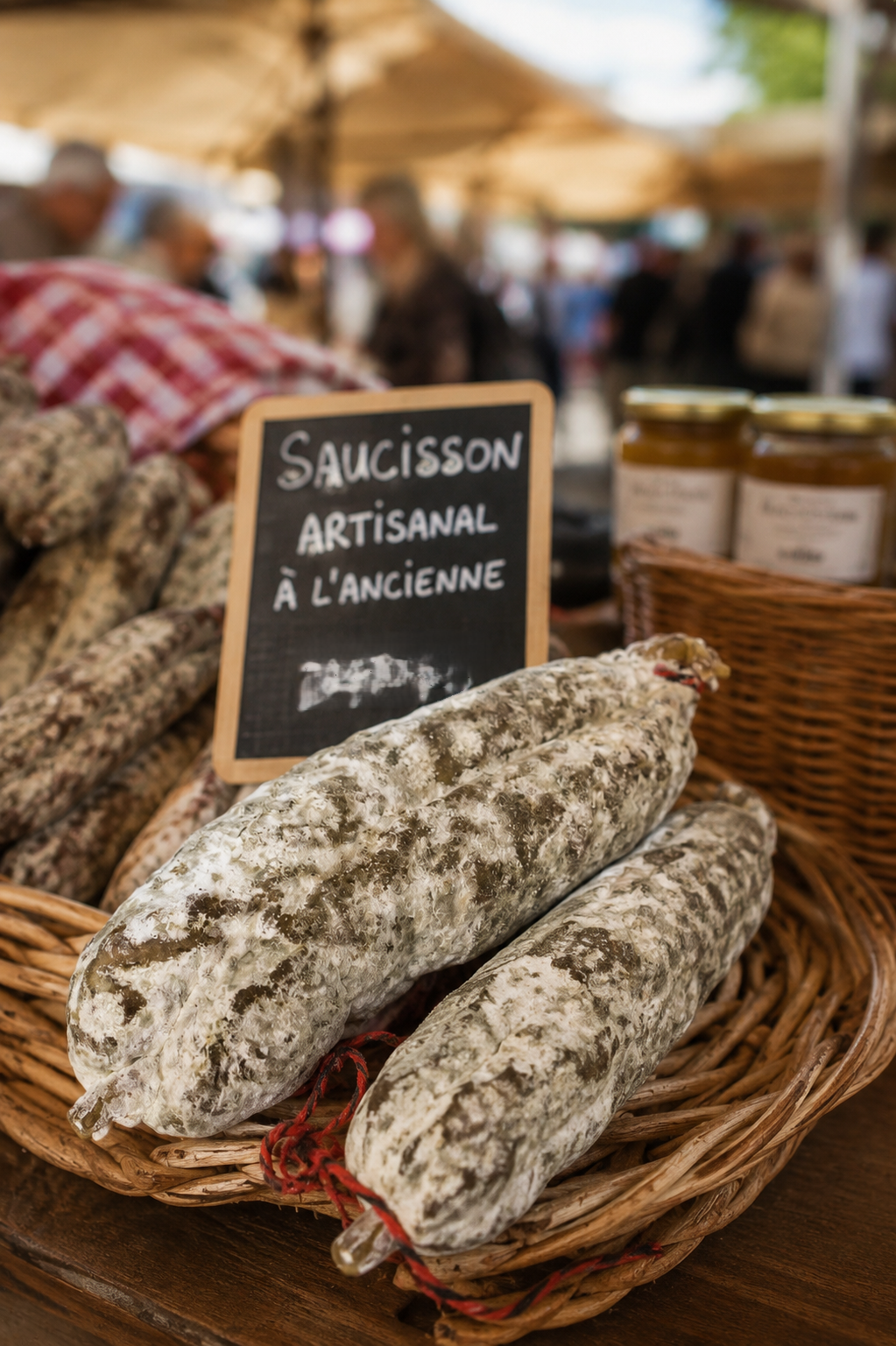 Étale de vente. Premier plan : des saucissons dans un panier en osier accompagné d'un panneau lisant saucisson artisanal à l'ancienne. Second plan : des pots de confitures et un torchon à carreaux rouges et blancs. Arrière plan : le marché avec des personnes regardant les différentes étales de vente.
